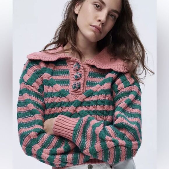 NEW ZARA striped cable knit cropped sweater size small woman’s fall - Picture 2 of 12
